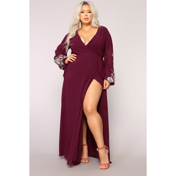 NWOT Burgundy Maxi Wrap Dress With Embroidered Sleeves - Picture 5 of 10